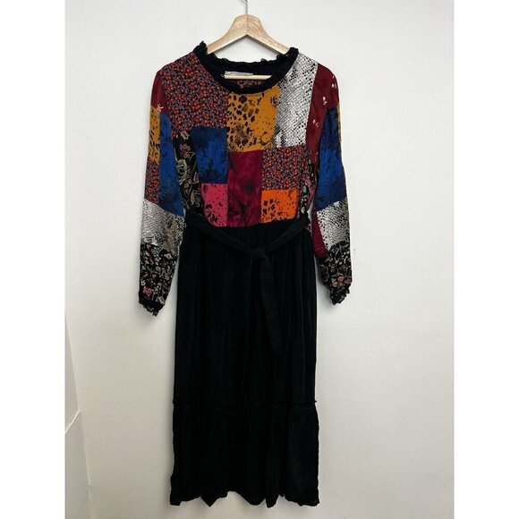MissWhence Miss Whence Silk Patchwork Pesant Modest Lace Trim Belted Dress 40 - Picture 9 of 11